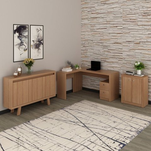 Conjunto 3 Peças 1 Escrivaninha em L 1 Balcão 2 Portas e 1 3 Marrom