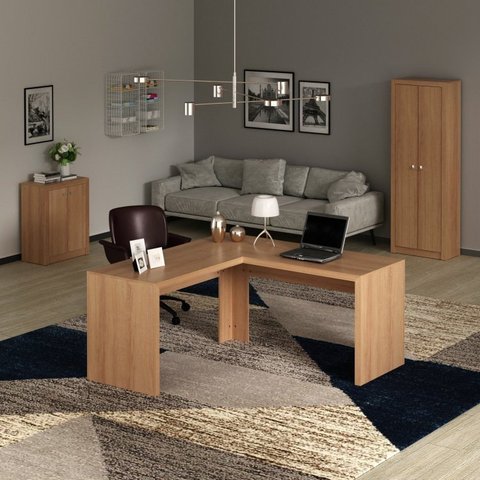 Conjunto 3 Peças com Mesa para Escritório em L, Armário Multiuso Alto e Baixo Marrom/Amendoa