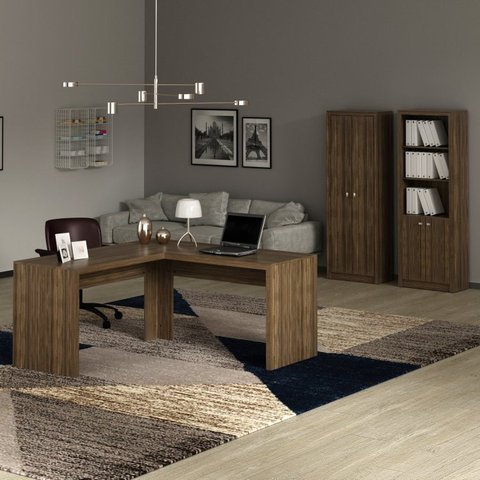 Conjunto 3 Peças com Mesa para Escritório em L, Armário Multiuso e Estante Marrom