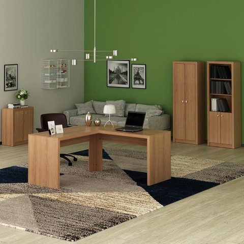Conjunto 4 Peças com Mesa para Escritório em L, Armários Alto Aberto, Armário Fechado e Baixo Marrom