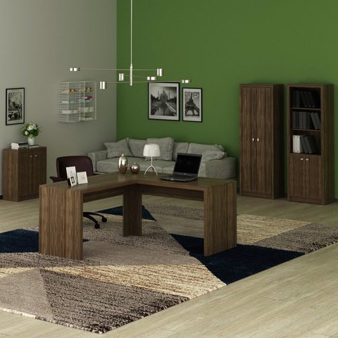 Conjunto 4 Peças com Mesa para Escritório em L, Armários Alto Aberto, Armário Fechado e Baixo Marrom