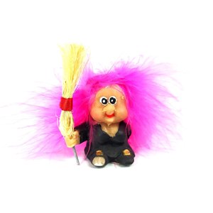 Imagem em Resina Mini Bruxinha Soprinho Cabelo Rosa com Vassoura 5cm