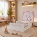 Ver imagem 3 de Cama Infantil Gatinho Montessori Branca com Proteção Lateral e Design Lúdico MDF:Rosa