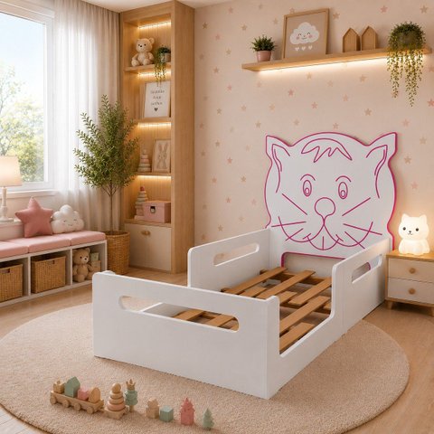 Cama Infantil Gatinho Montessori Branca com Proteção Lateral e Design Lúdico MDF:Rosa