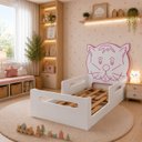 Ver imagem 1 de Cama Infantil Gatinho Montessori Branca com Proteção Lateral e Design Lúdico MDF:Rosa