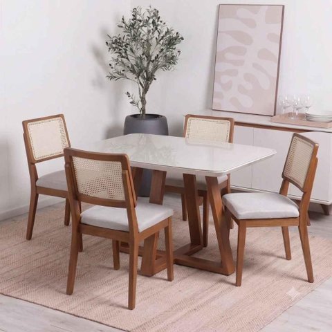 Conjunto de Jantar Mesa com Vidro Bennett 4 Cadeiras Saga - Linho Off White - Linked 02