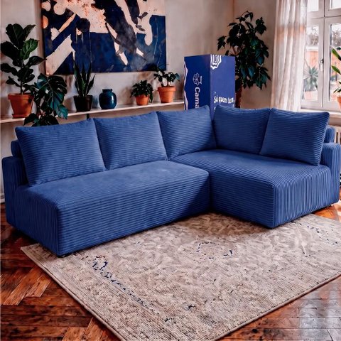 Sofá de Canto Modular Vibe Direito 2,70m x 1,70m Xpand Tech Tecido Velourê Azul Cama Inbox