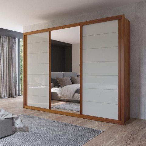 Guarda Roupa Casal Maia 3 Portas de Correr 6 Gavetas MDF com Espelho Off White Bom Pastor Móveis
