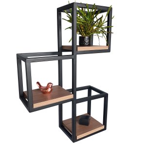 Suporte 3 Nichos Industrial de Parede Ferro e Mdf