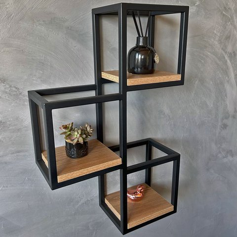 Suporte 3 Nichos Industrial de Parede Ferro e Mdf