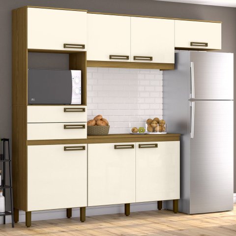 Cozinha Compacta Modulada 7 Portas 2 Gavetas Bege/Nature/Off White