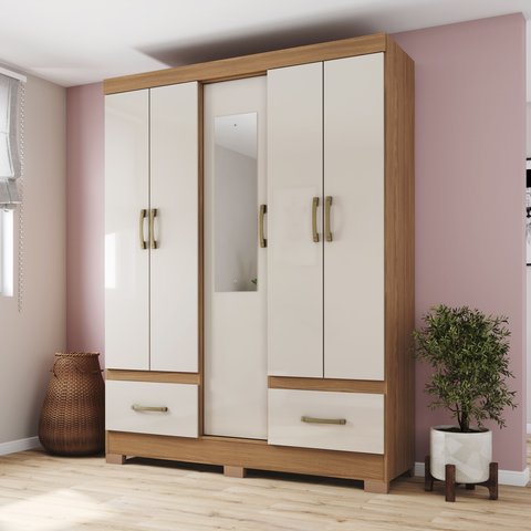 Guarda-Roupa 05 Portas e 02 Gavetas Nature/Off White Chale Bege
