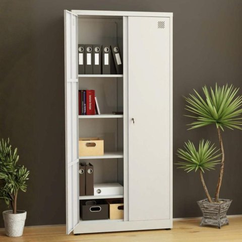 Armário Aço Alto 2 Portas e 4 Prateiras 196 x 80 cm com Chave Cor:Cinza