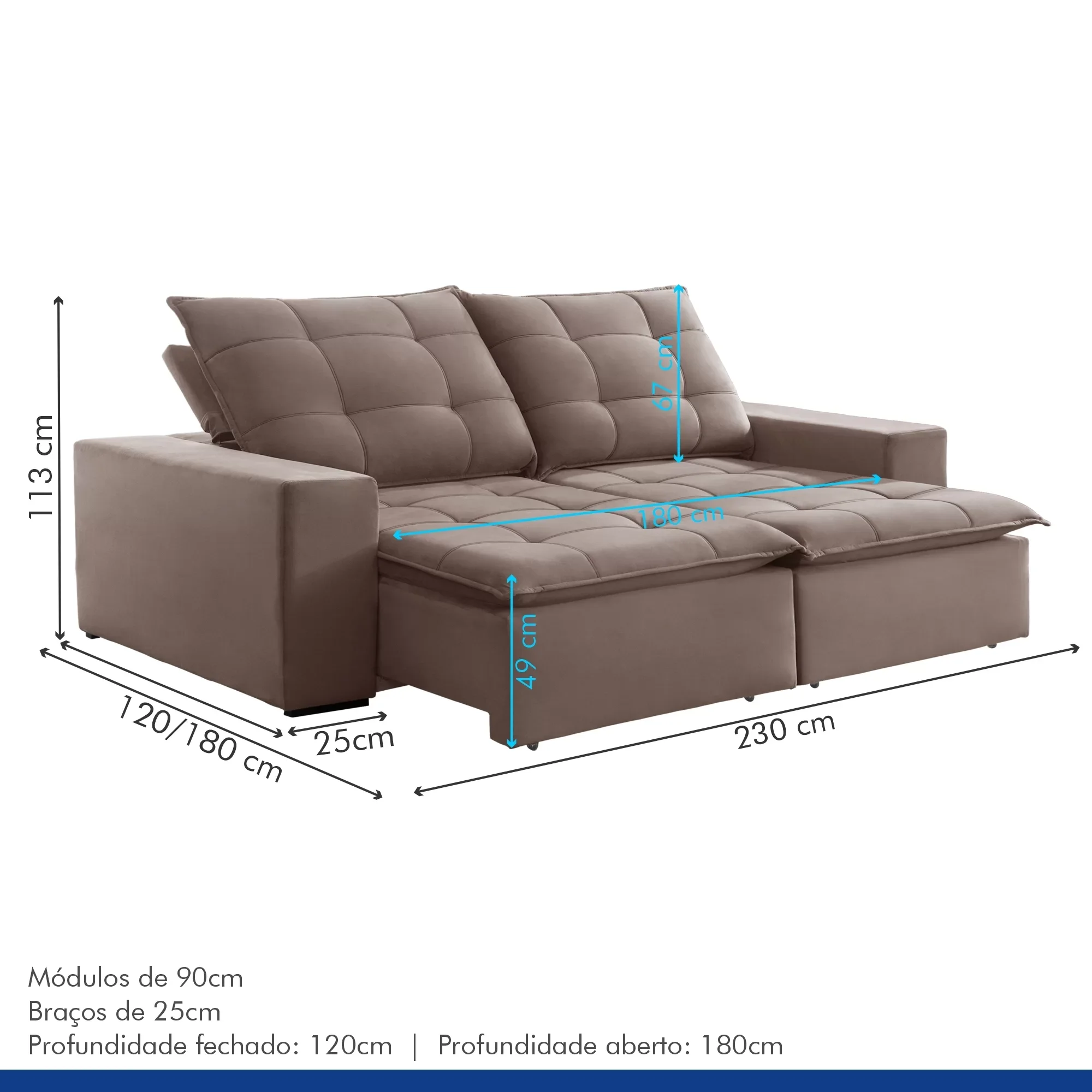 Sofá 4 Lugares Retrátil e Reclinável Super Pilow 230cm Paris Veludo   - 3