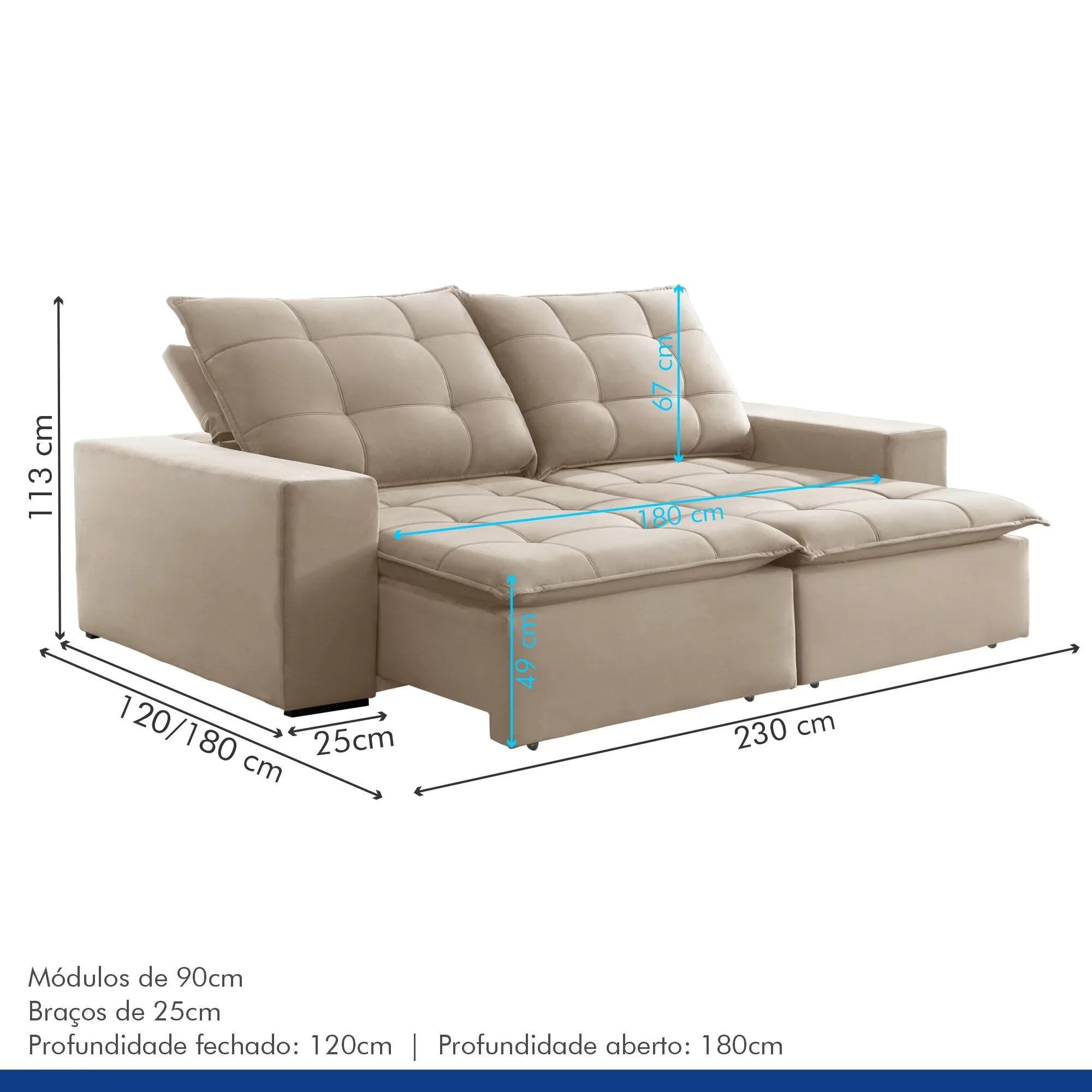 Sofá 4 Lugares Retrátil e Reclinável Super Pilow 230cm Paris Veludo   - 3