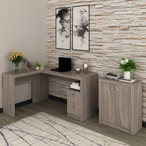 Kit 2 Peças com Mesa para Escritório em L e Armário Multiuso Baixo