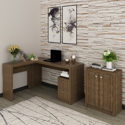 Conjunto 2 Peças com Mesa para Escritório em L e Armário Multiuso Baixo Marrom