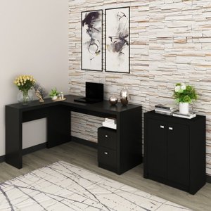 Kit 2 Peças com Mesa para Escritório em L e Armário Multiuso Baixo