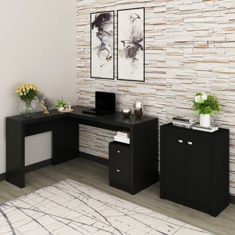 Conjunto 2 Peças com Mesa para Escritório em L e Armário Multiuso Baixo