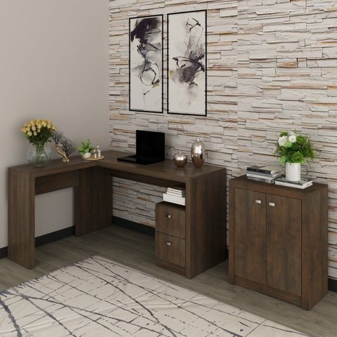 Conjunto 2 Peças com Mesa para Escritório em L e Armário Multiuso Baixo