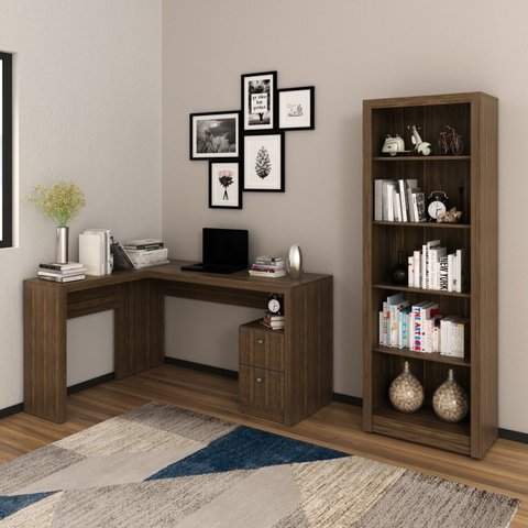 Conjunto 2 Peças com Mesa para Escritório em L e Estante Livreiro