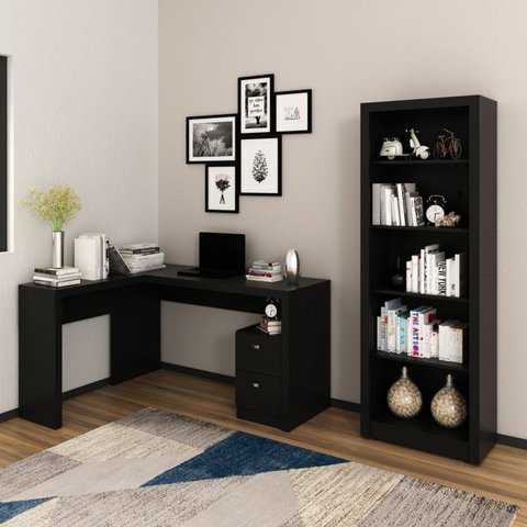 Conjunto 2 Peças com Mesa para Escritório em L e Estante Livreiro