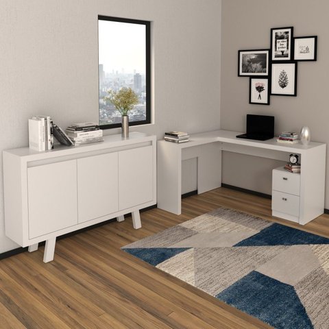 Conjunto 2 Peças com Mesa para Escritório em L e Armário Multiuso Baixo 3 Portas Branco