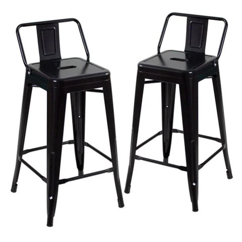 Kit 2 Banquetas Altas Industriais Pretas em Aço 76cm com Encosto – Iron Tolix