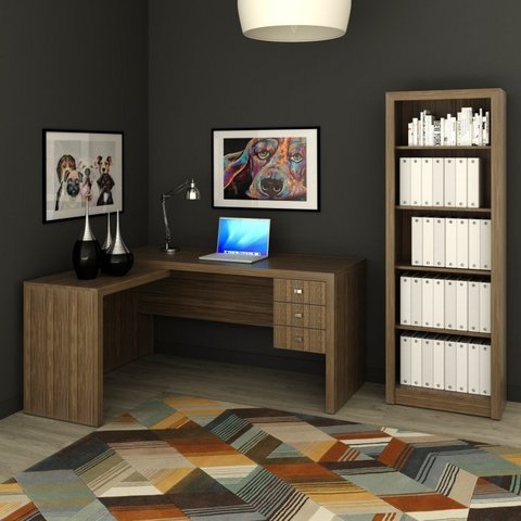 Conjunto 2 Peças com Mesa para Escritório em L e Estante Livreiro Marrom