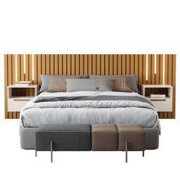 Cabeceira Ripado para Cama de Casal/queen Maracá Nature com 2 Mesa de Cabeceira Jatobá com Led Offwh - 2