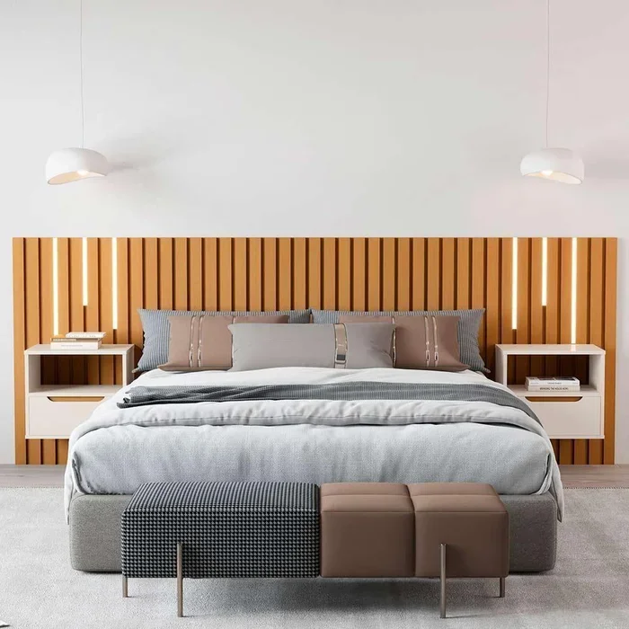 Ver imagem 1 de Cabeceira Ripado para Cama de Casal/queen Maracá Nature com 2 Mesa de Cabeceira Jatobá com Led Offwh