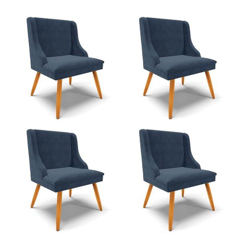Kit 4 Cadeiras Estofadas para Sala de Jantar Pés Palito Lia Suede Azul Marinho - Ibiza