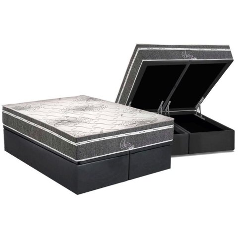 Cama Box Baú Queen: Colchão Molas Masterpocket Ensacadas Polar Safira + Base Crc Suede Gray (