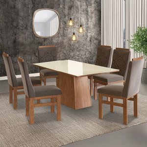 Conjunto Sala De Jantar Mesa 90X160Cm Tampo Vidro Com 6 Cadeiras Madeira Maciça Tecido Joli