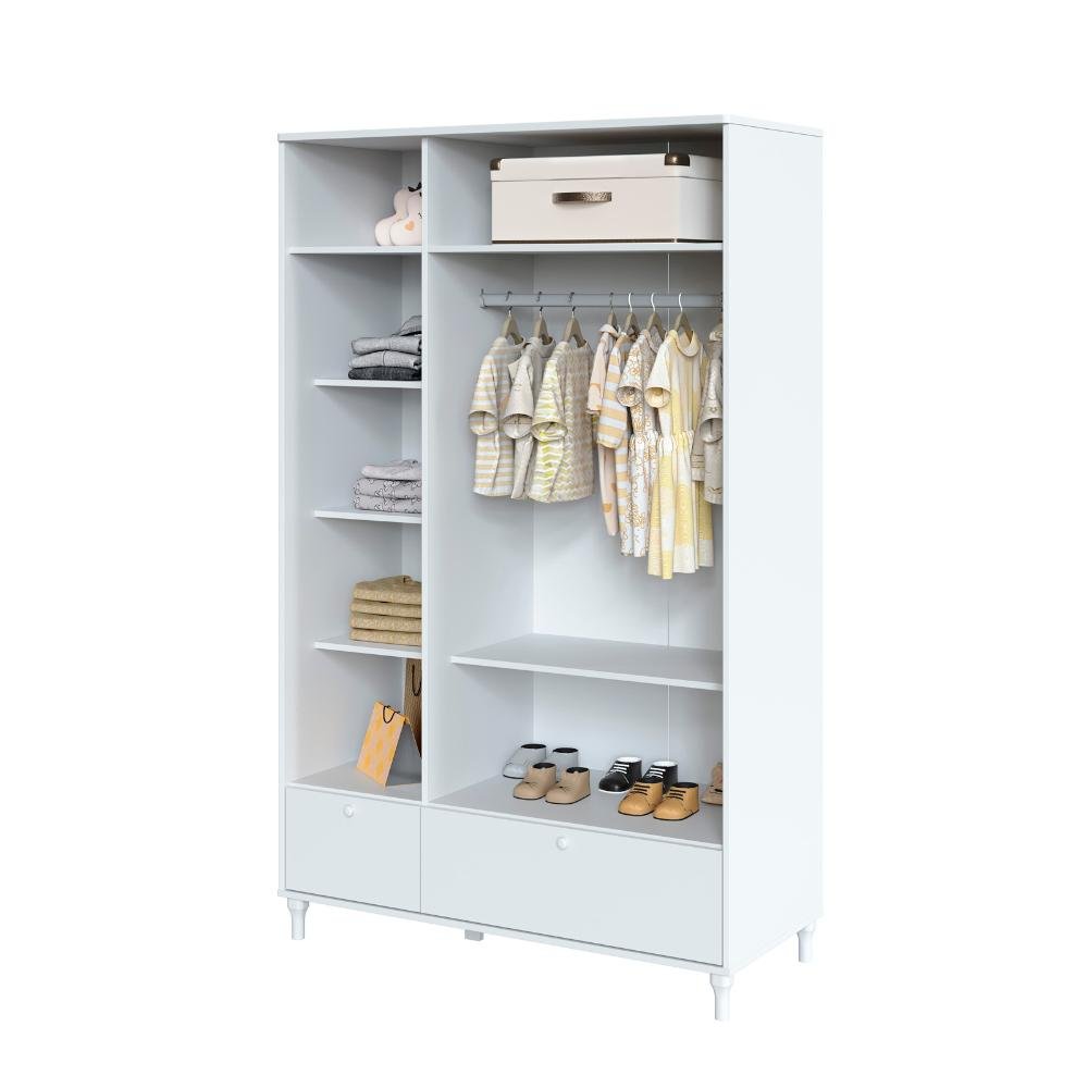 Quarto Bebê Completo Berço Cômoda Guarda-roupa Fofura Rattan - Branco - 11