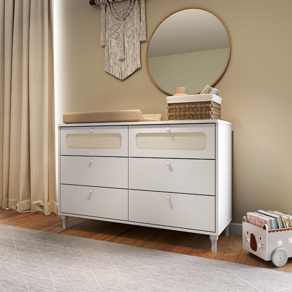 Quarto Bebê Completo Berço Cômoda Guarda-roupa Fofura Rattan - Branco - 7