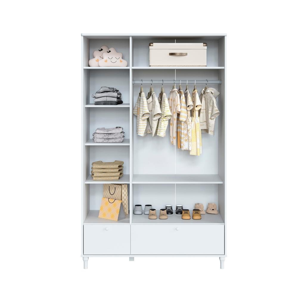 Quarto Bebê Completo Berço Cômoda Guarda-roupa Fofura Rattan - Branco - 10