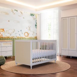 Quarto Bebê Completo Berço Cômoda Guarda-roupa Fofura Rattan - Branco - 1