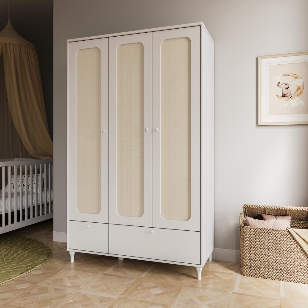 Quarto Bebê Completo Berço Cômoda Guarda-roupa Fofura Rattan - Branco - 8