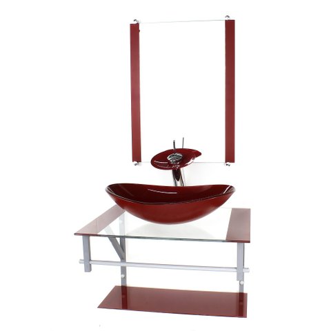 GABINETE DE VIDRO PARA BANHEIRO 60CM AC CUBA OVAL VERMELHO CEREJA COM TORNEIRA CASCATA