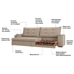 Sofá 4 Lugares com Porta Copos Retrátil e Reclinável França Luizzi 2,30m Suede Capuccino - 7