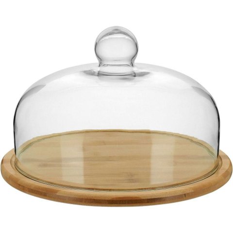 Prato Bolo 18x29x29cm Bambu Natural Tampa Vidro
