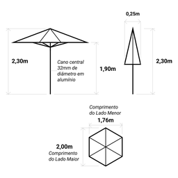 Ombrelone Central Preto - 2,00m de Diâmetro - em Alumínio - para Areia ou Grama - Persianet - 6