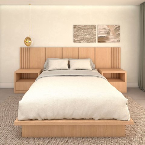 Cama Queen e Cabeceira com 2 Mesas Laterais Mdf sob Medida Cor:carvalho Malva
