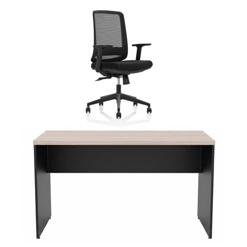 Conjunto Mesa de Escritório 140x60cm + Cadeira Ergonômica Sistema Syncron Pistão Classe 4 Reclinável