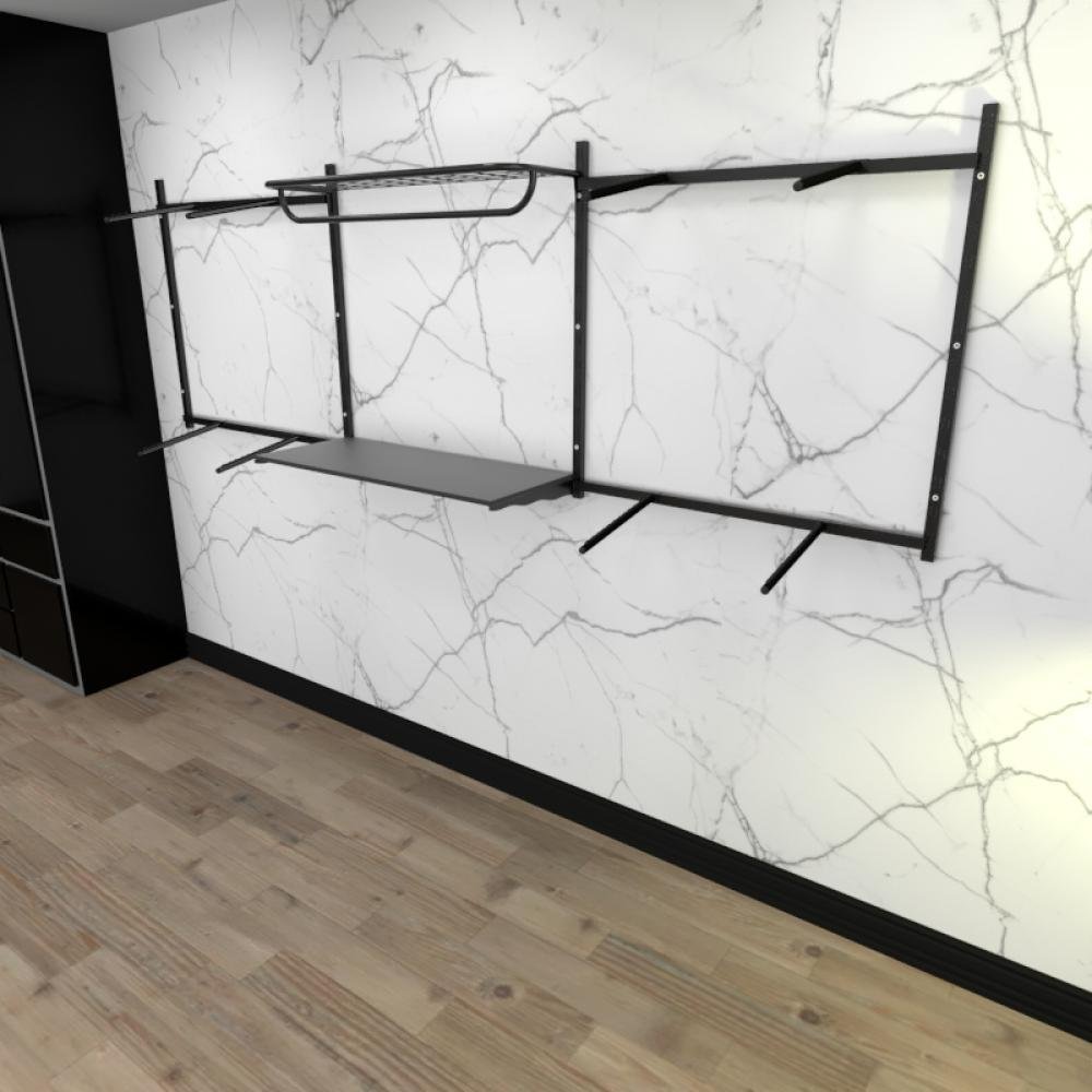 Kit Cremalheiras e Araras para Loja com 17 Peças Regulável 300x100cm Cor Preto Modelo - 1