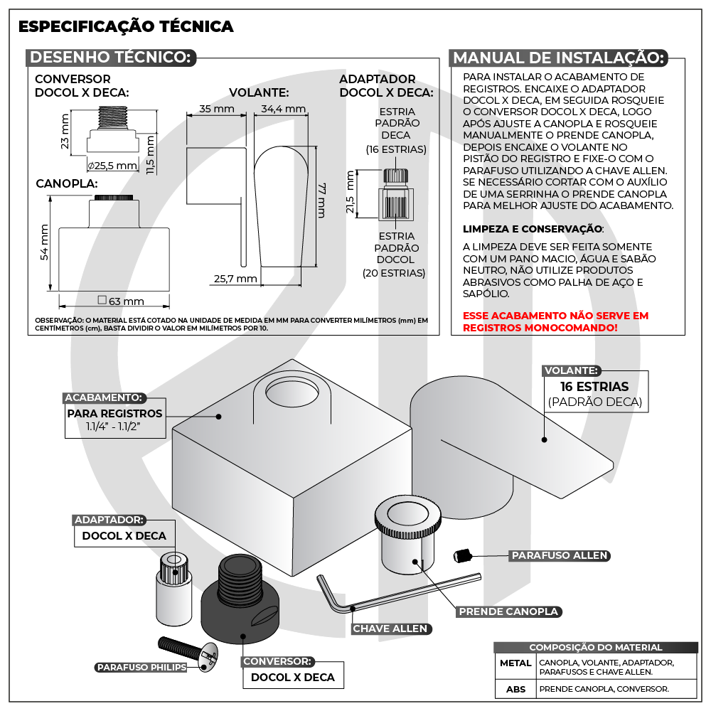 Acabamento para Registro Chuveiro Geral 1.1/2 50mm 1.1/4 Alavanca Quadrado Cromado Banheiro Padrão D - 6