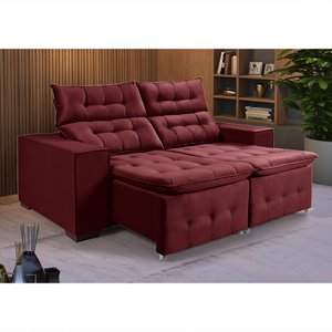 Sofá Retratil Reclinável 3 Lugares Pillow em Veludo Tamanho 1,90 Vinho