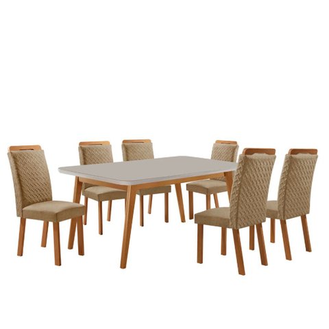 Mesa de Jantar Copper 180cm Madeira Tampo Vidro Canto Copo com 6 Cadeiras Aline