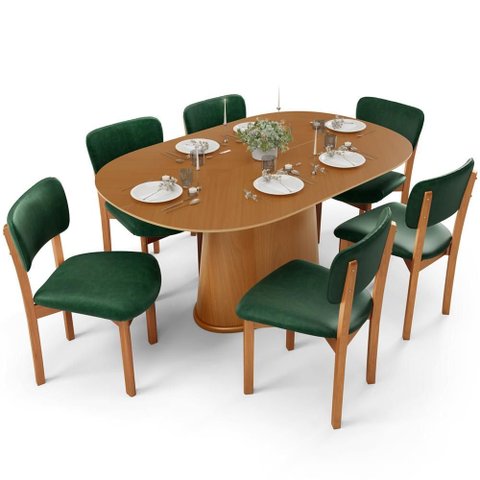 Mesa para Sala de Jantar Valência com 06 Cadeiras Sala de Jantar Dara L02 Couríssimo Verde Musgo